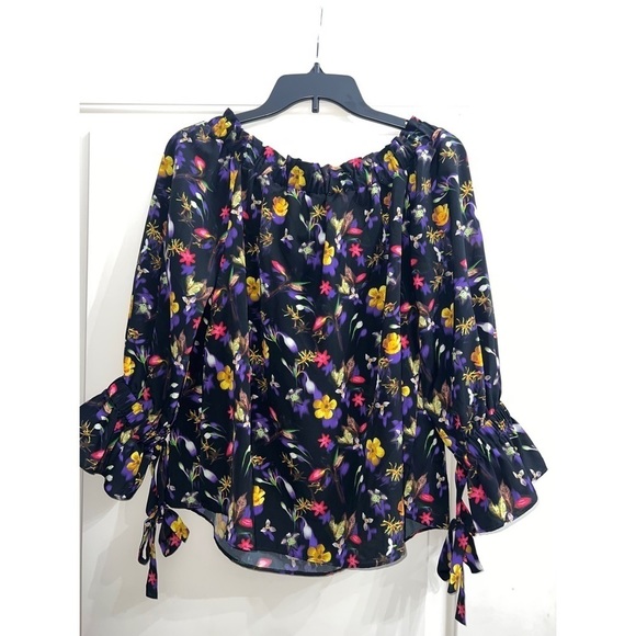 Topshop Tops - TOPSHOP TIE SLEEVE FLORAL OFF THE SHOULDER BLOUSE - SIZE 8